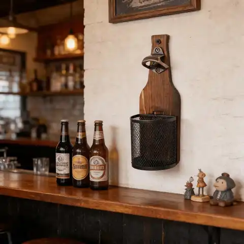 壁掛け式木製ビールボトルオープナー（メッシュバッグ付き）、無痛ボトルオープナー - ホームバー、キッチン、庭、アウトドアに欠かせないビールアクセサリー、ビール愛好家への完璧なギフト sh260526181275316456981