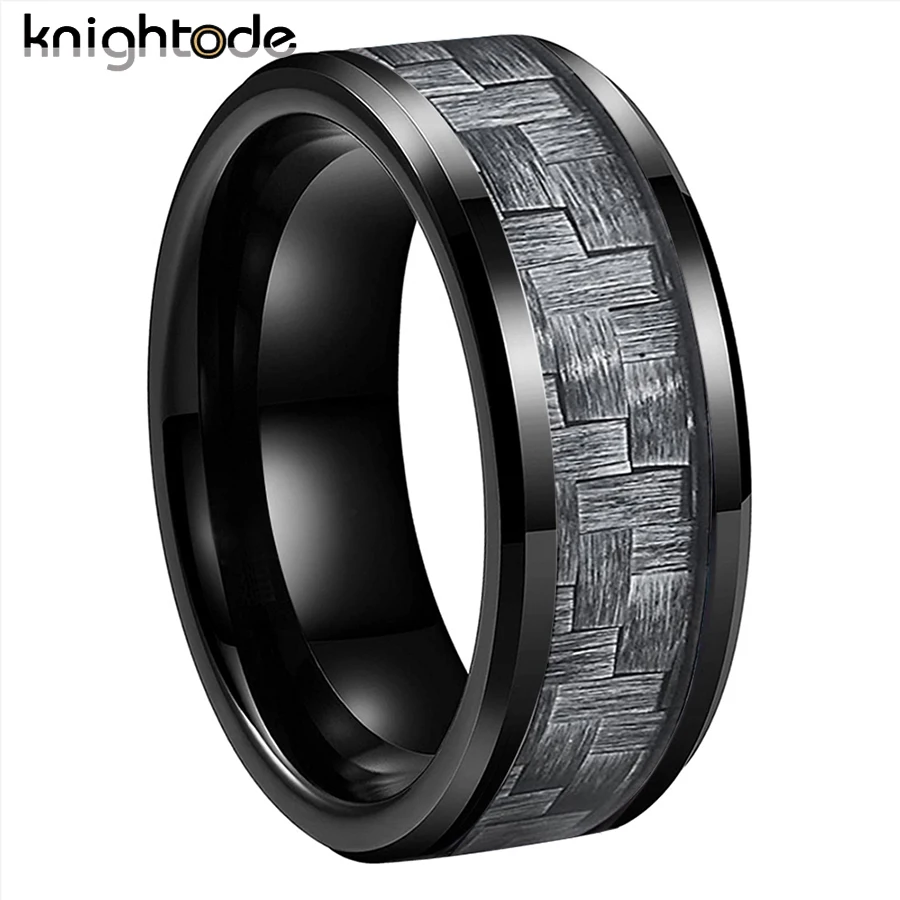 8mm Black Real Tungsten Steel Ring Carbon Fiber Inlay For Men Women Wedding Band Fashion Jewelry Beveled Polished Comfort Fit