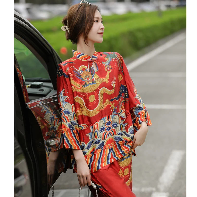 

Spring New Standing Collar Silk Fashion Print Set Women's High End Loose Top + Elastic Waist Pants Two Piece Set One Size