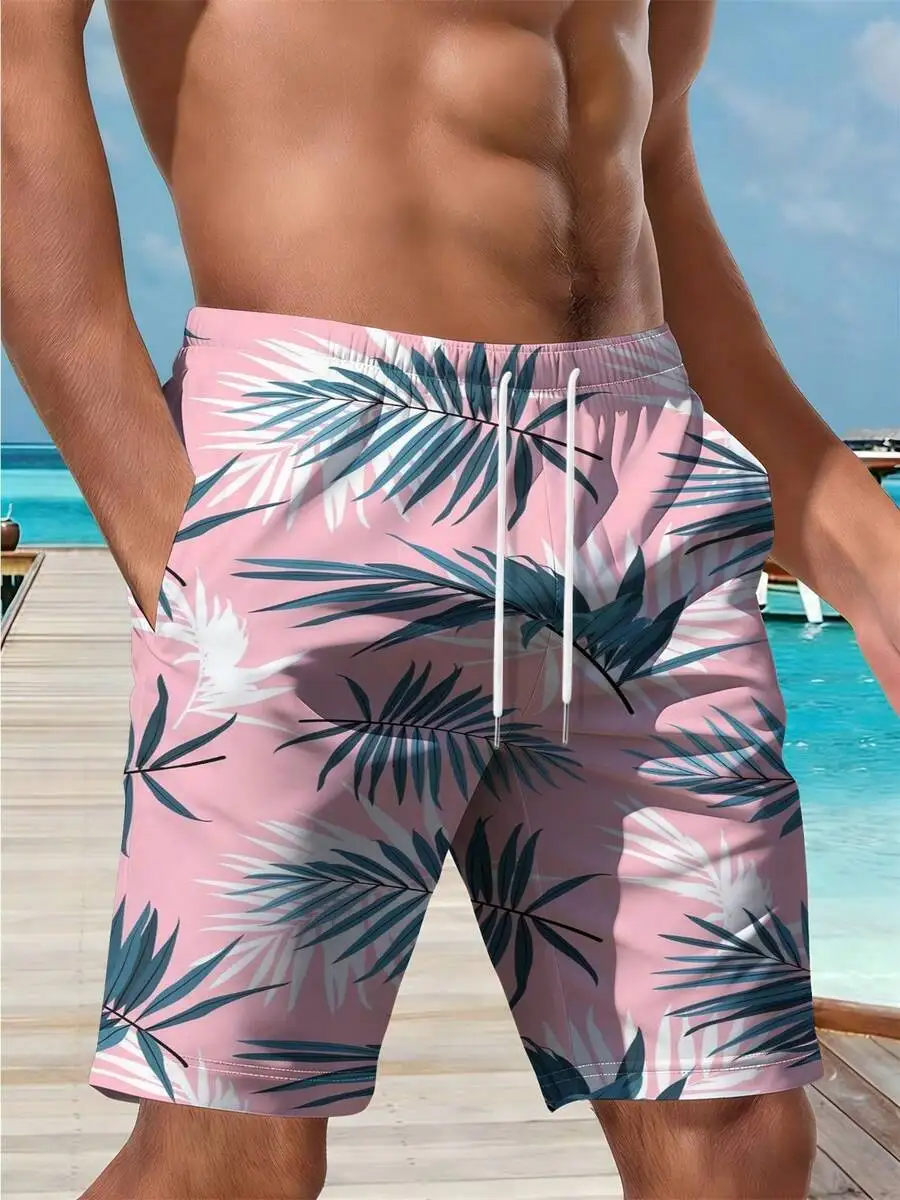 

Mens Casual Beach Shorts With Palm Leaf Print Pink Blue White Summer Vacation Swim Trunks