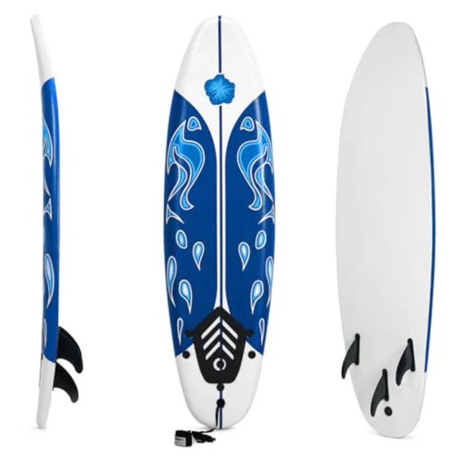

6' Surfboard Surfing Board with 3 Removable Fins Safety Leash EPS Core and EPE Deck Lightwght Surf Board for Teenagers Adults B