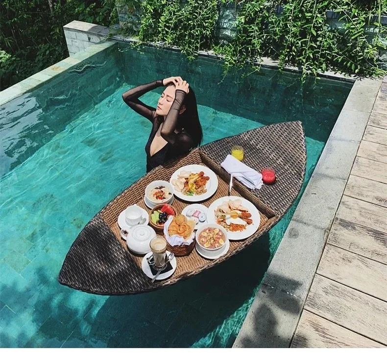 Round rattan heart-shaped basket Water floating tray B & B Hotel Villa Swimming pool Dining plate