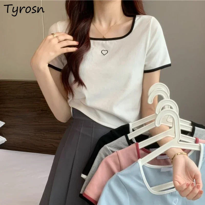 T-shirts Women 5 Colors Design Sweet Simple All-match Students Tender Square Collar Fashion Summer Daily French Style Cozy Basic