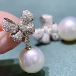 Huitan Sweet Bow Shape Imitation Pearl Hanging Earrings for Women Romantic Bridal Wedding Earrings Luxury Cubic Zirconia Jewelry