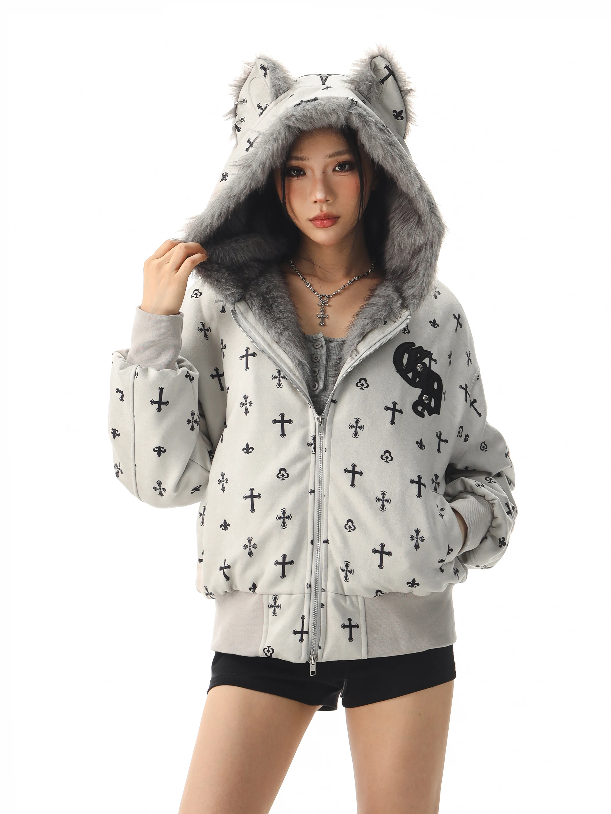 

Thiened Suede Hooded Jaet Women's Casual Outerwear with Fur Collar Street Sle Print Beer Captain American Retro Cross