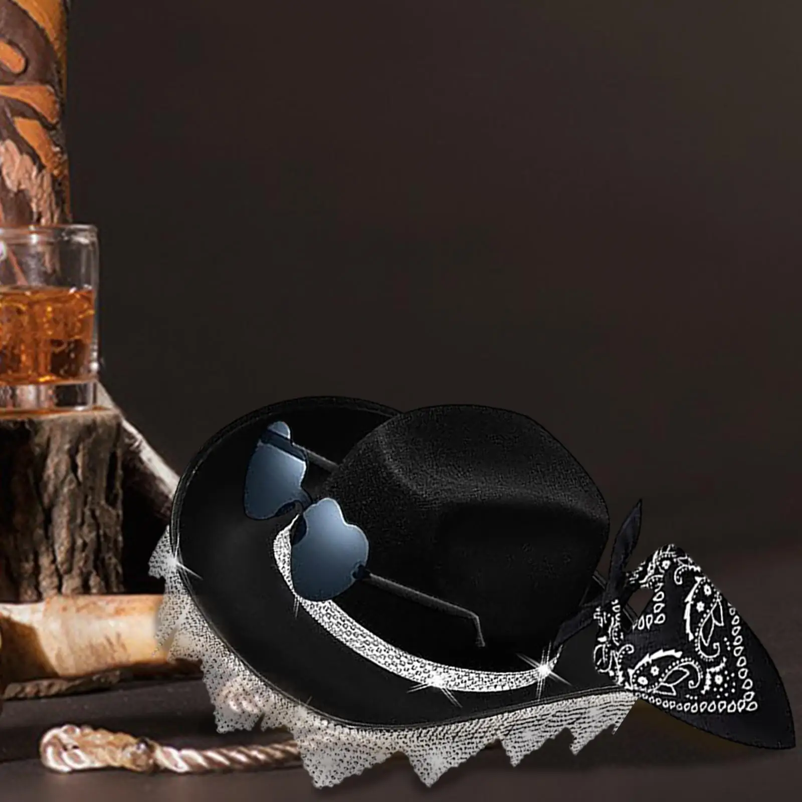 Wide Brim Cowboy Hat with Rhinestone Tassels and Shades for Adults Stage Performance Themed Party Photo Prop Gift Idea