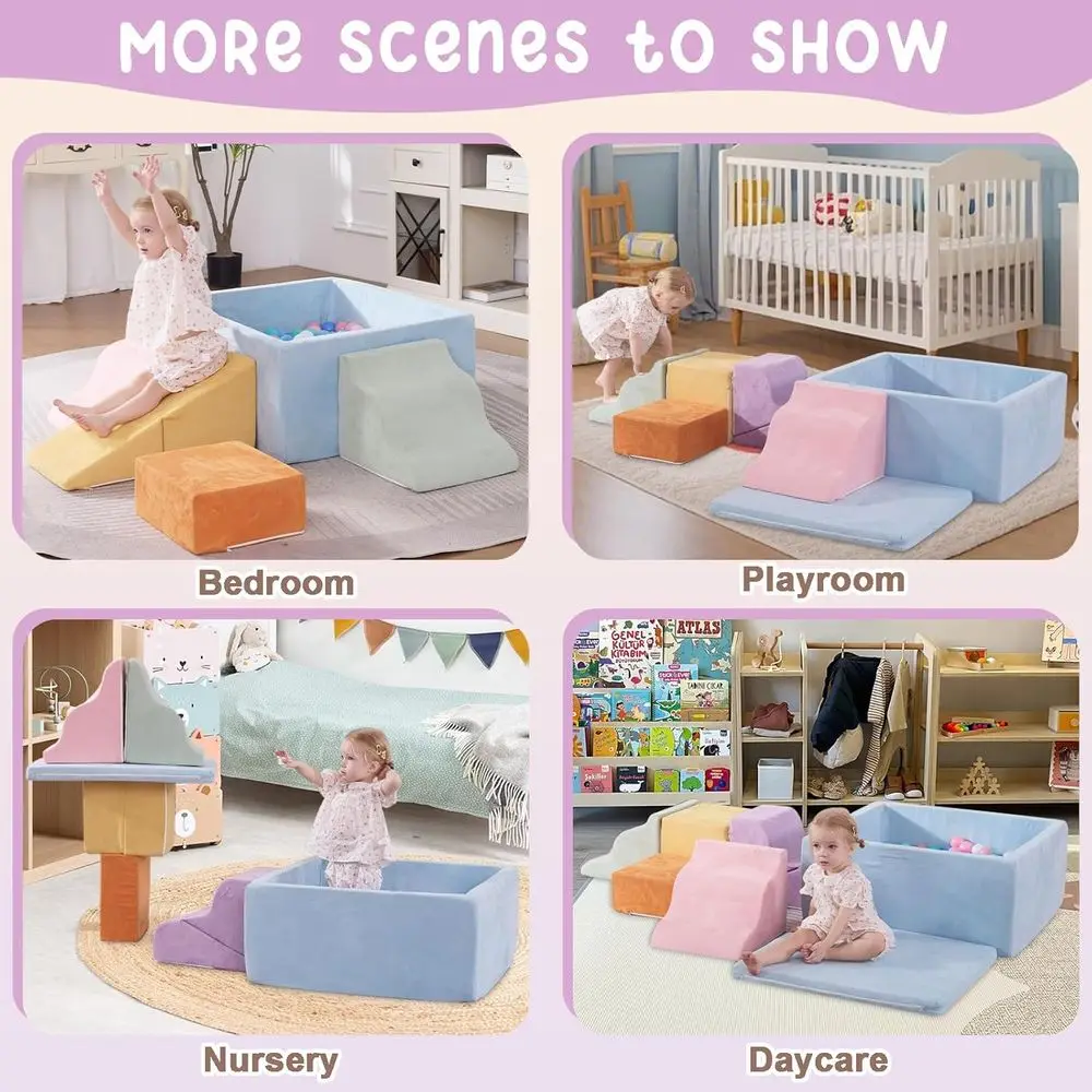 Toddler Foam Climbing Blocks Set with Square Ball Pit, Soft Play Structure, Macaron Tones (Balls Not Included)