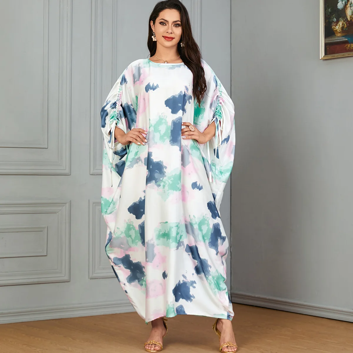 

Muslim Dubai Casual Printing Batwing Sleeve Women Homewear Islam Clothing Moroccan African Abayas Turkish Saudi Dresses