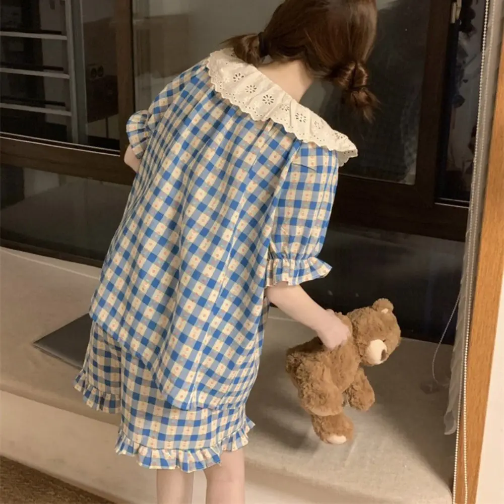 Spitze Rüschen Spitze Gitter Pyjama Anzug Rundhals Lose Shorts Leibchen Nachtwäsche Kurzarm Frauen Homewear