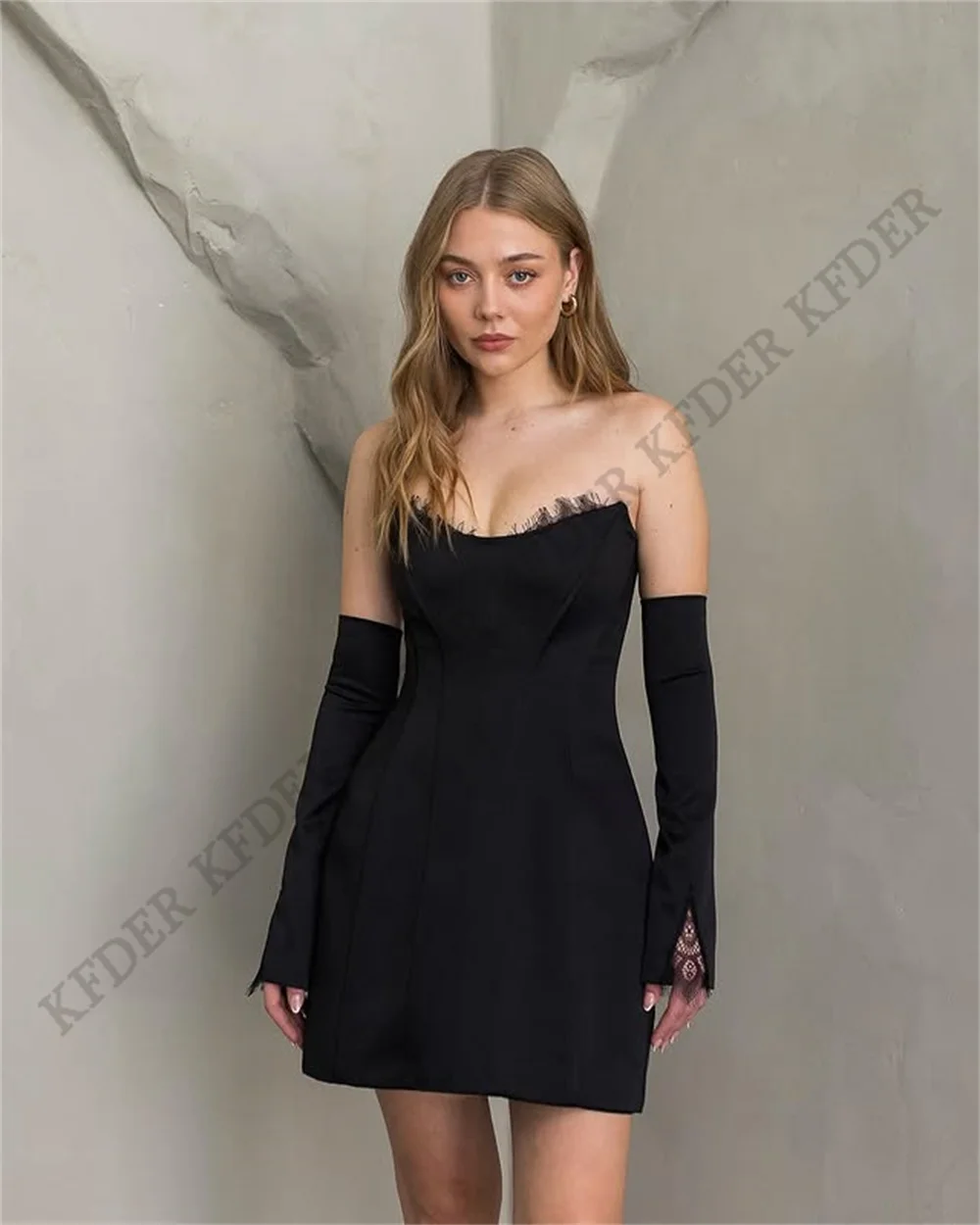 Black Strapless Beach Women's Prom Gown Sexy Full Sleeves Graduation Gown Lace Clubbing Short Cocktail Dress Customized