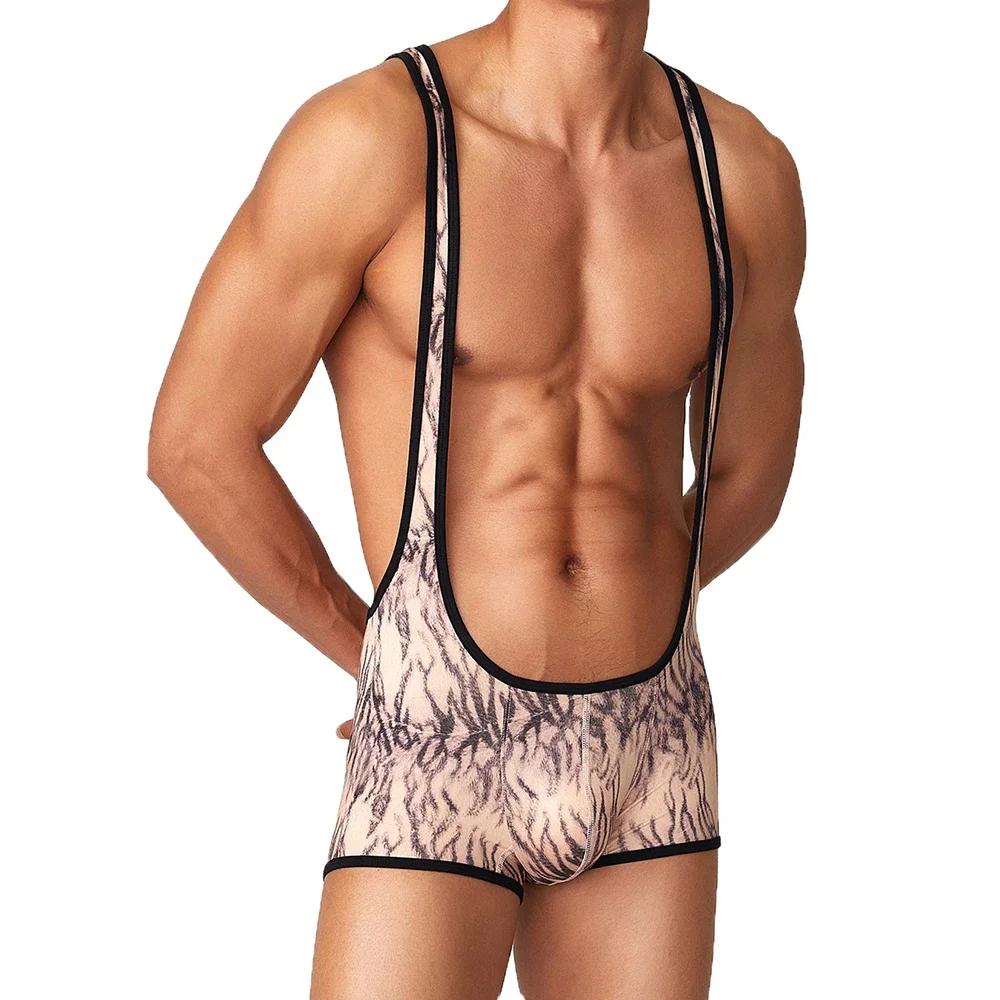 Mens Leopard Bodysuits Undershirts Leotard Boxers Fitness Bodybuilding Wrestling Singlet Underwear Jumpsuits Swimwear Rompers