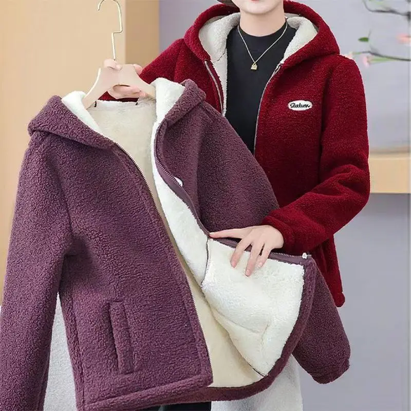 Winter Damen Lammwoll-gefütterte Jacken Dicke Warme Kapuzenjacke Reißverschluss-Sweatshirt Einfarbige Winddichte Jacke Harajuku Vintage Mäntel Neu