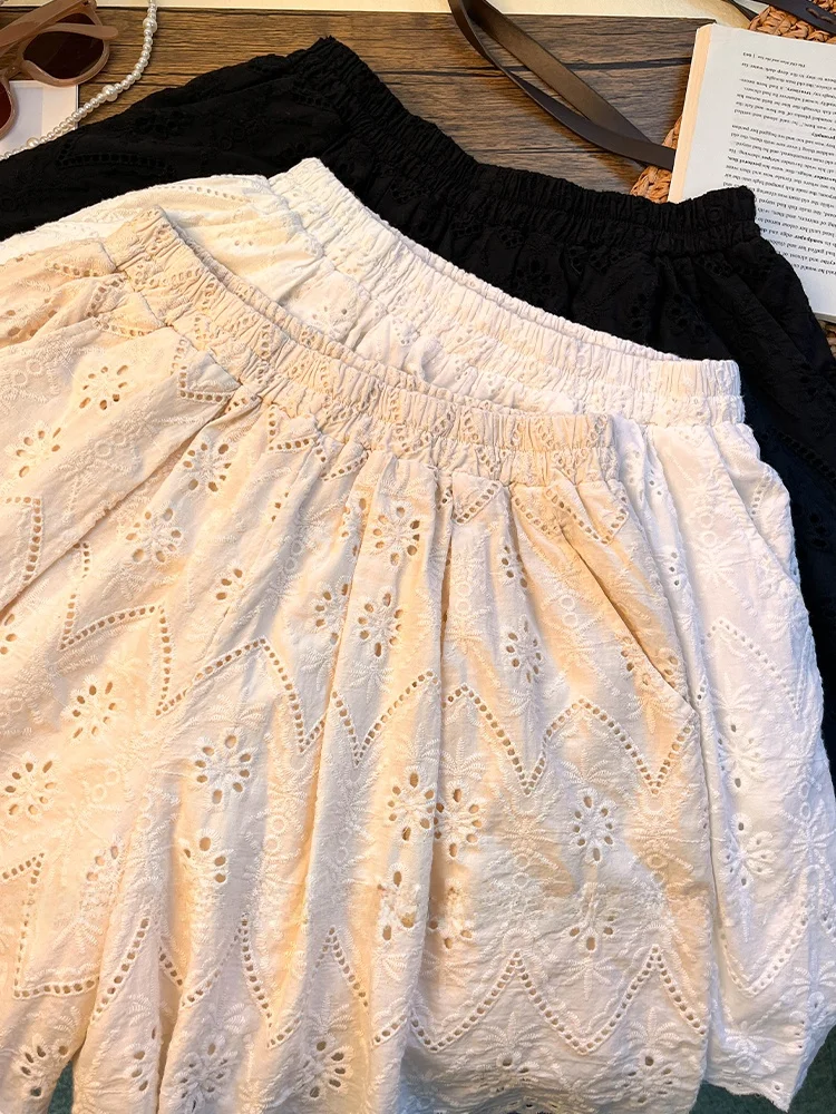 Ele Ricamato Scava fuori Pantaloni casual a gamba larga da donna Estate Elastico in vita Doppio strato Abbigliamento interno A-Line Hot...