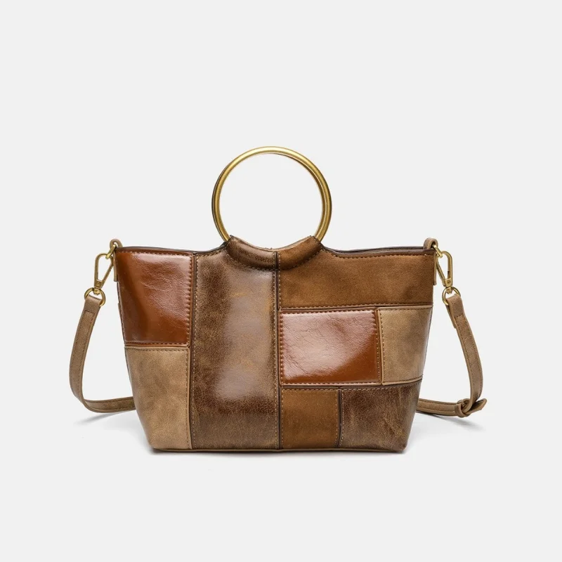 

Зимняя повседневная сумка-тоут из мягкой кожи с цветными вставками в стиле ретро, с металлической ручкой, для повседневного использования