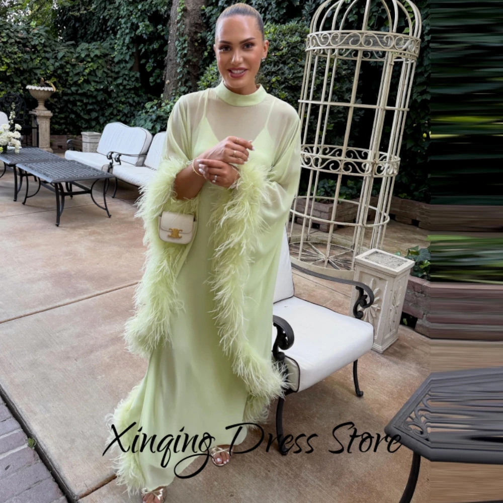 Graceful High Collar Evening Dress  See Through Green Chiffon Party Dresses Temperament Long Sleeves Feathers Celebrity Gowns