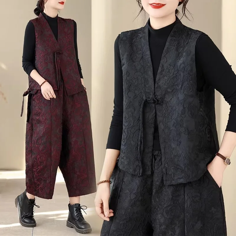 

Women's Jacquard Set Vintage Style: Asymmetric Jacket + Chinese Vest & Wide Leg Pants, High Waist 2 Piece Outfit for Women w2260