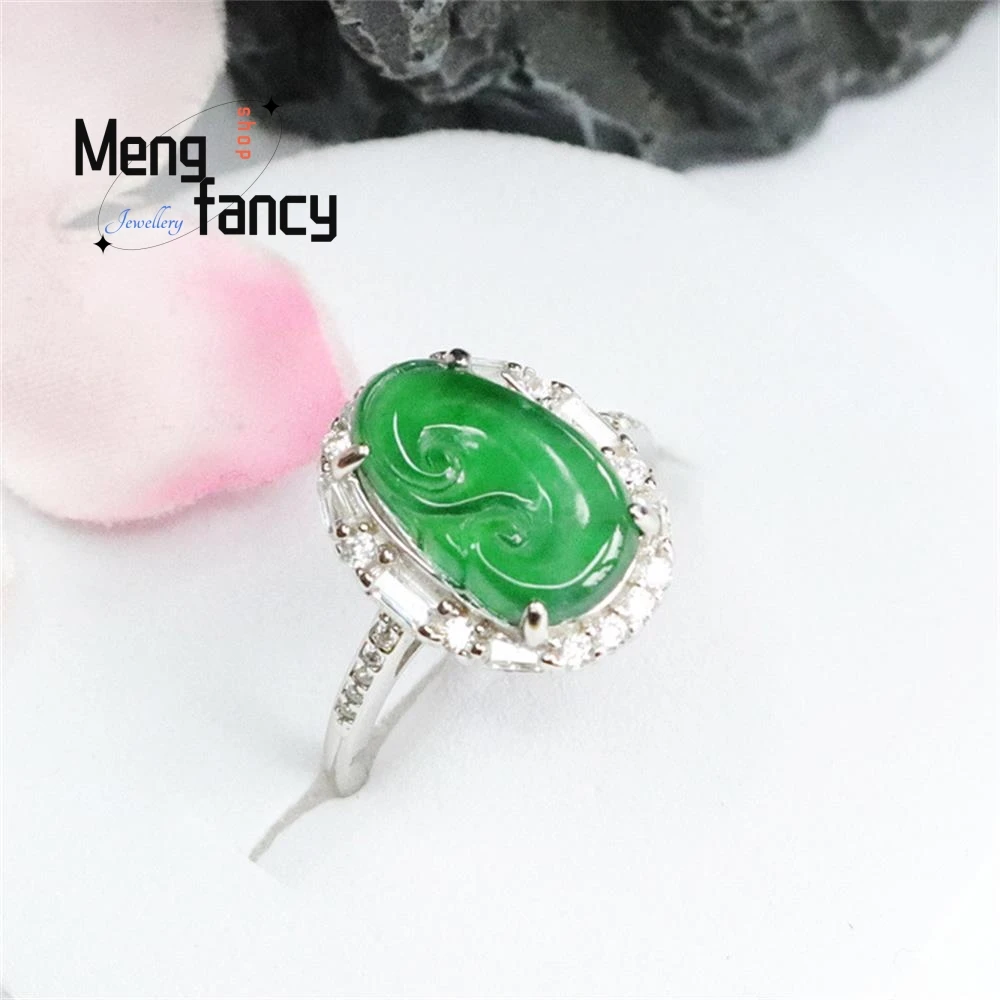 S925 Silver Lnlaid Natural Jadeite Ice Green Ruyi Ring Exquisite Charm High-grade Sexy Young Girls Couple Luxury Quality Jewelry