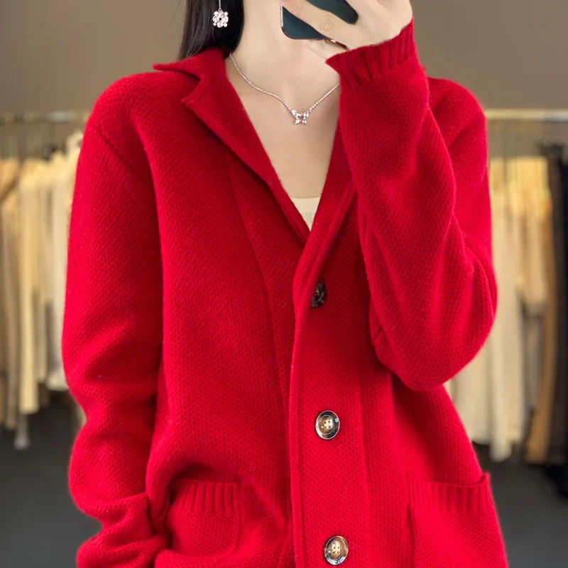 Autumn and Winter New Women\'s Cardigan Lapel 100% Australian Wool Sweater Loose Fashion Knitted Women\'s Cardigan Full Sleeve