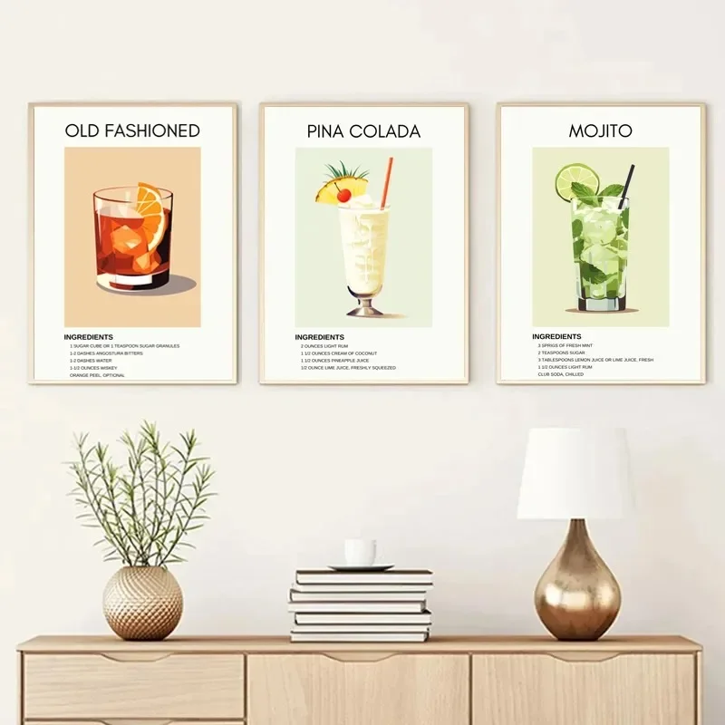 Retro Minimalist Classic Cocktails Martini Mojito Margarita Alcohol Wall Art Poster Canvas Painting Pictures Home Room Bar Decor