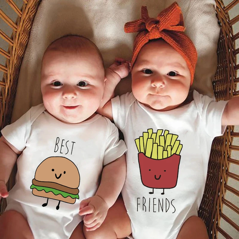 Funny Best Friends Print Baby Bodysuits Cotton Short Sleeve Infant Rompers Body Boys Girls Jumpsuit Brother Sister Twins Clothes