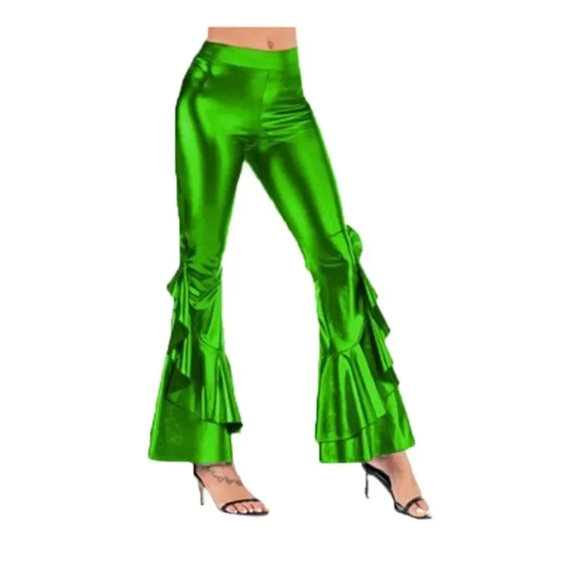 Sexy PU Leather Metallic Pants Shiny Holographic Flare Pants Women Girls Elastic Waist Bell Bottom Trousers Clubwear