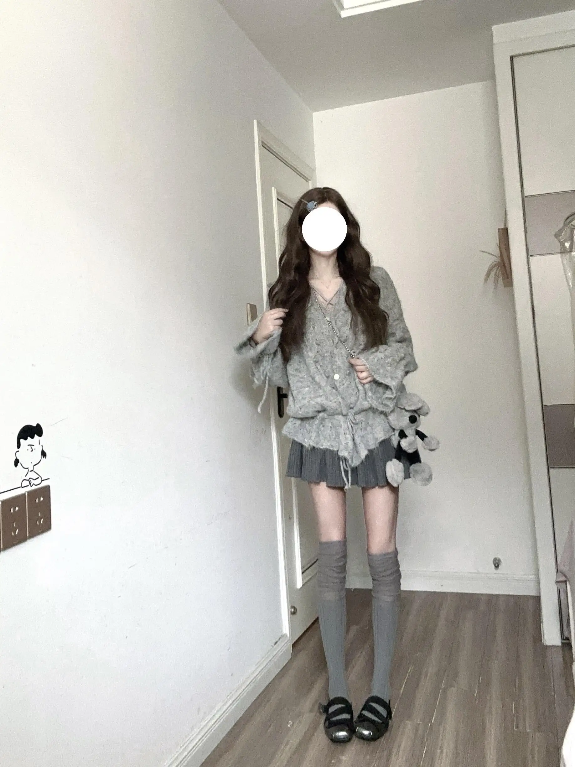 Gray V-Neck Hollow out Knitwear Cardigan Women's Loose Lazy Style Long Sleeve Drawstring Spring Autumn Top