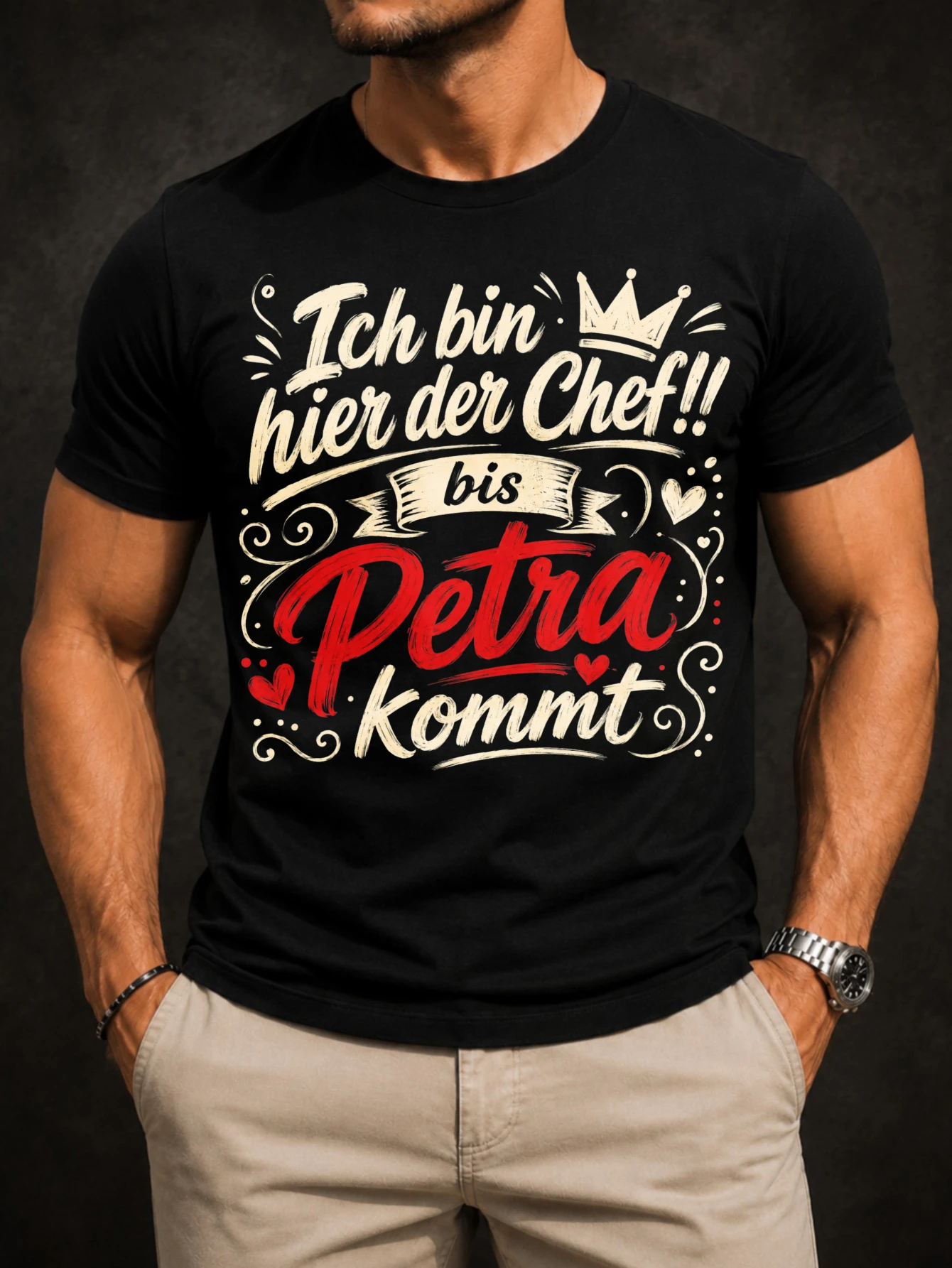 T-shirt unisexe Petra Boss allemande avec inscription manuscrite, couronnes, tourbillons et nom rouge vif, citation Petra.