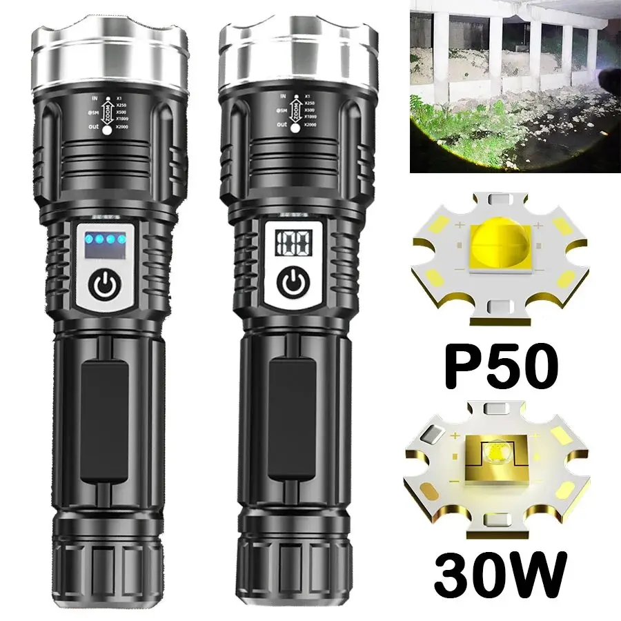 Super Bright P50 LED Flashlight USB Rechargeable Tactical Zoom Waterproof Torch Lamp Camping Fishing Lantern With Power Display