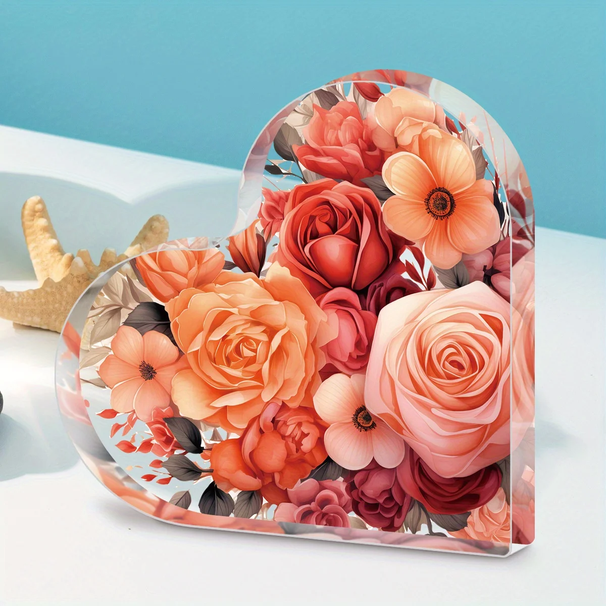 Red Heart Acrylic 2D Wall Decor with Flowers, Modern Lightweight Plaque for Home Party Birthday Gift