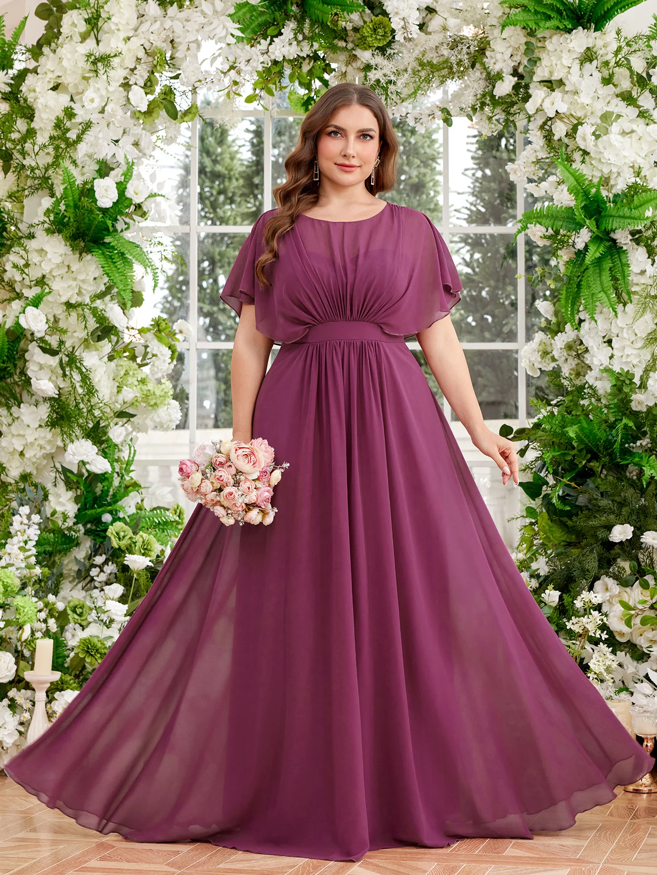 

UNITHORSE Eco-Friendly Fabric Round Neck Gored Skirt Sleeve Slimming Empire Waist Back Bow-Tied Elegant Sustainable Dress