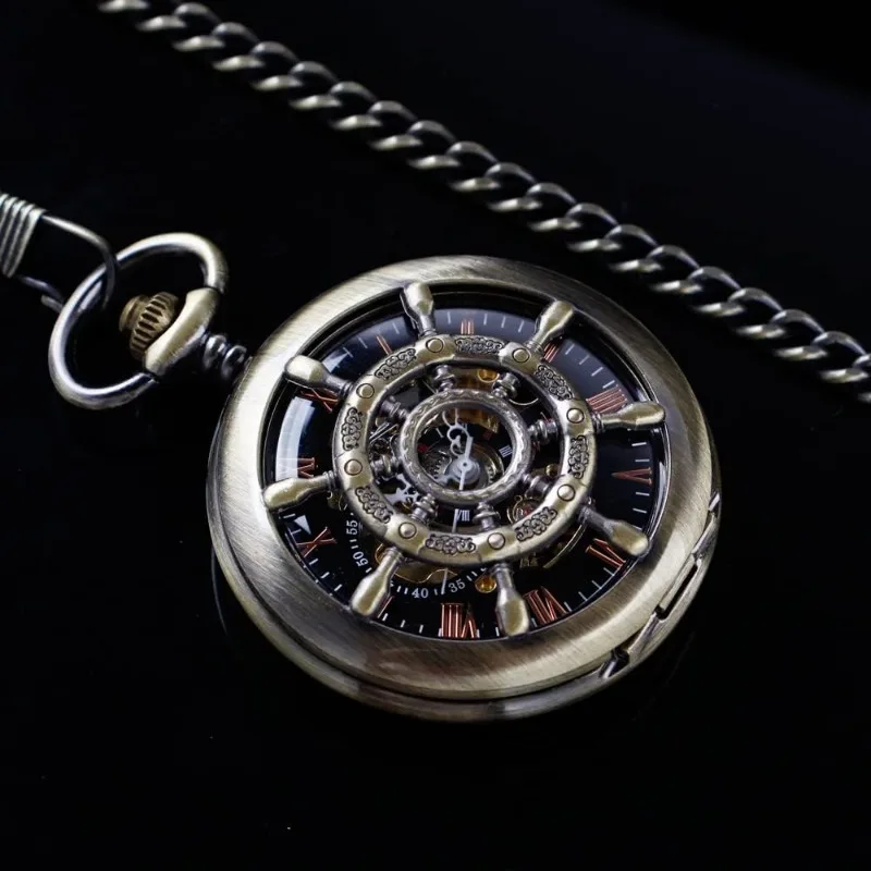 Men's Mechanical Holoow Design Hand Wind Pocket Watch Roman Numerals Steampunk with Chain Box