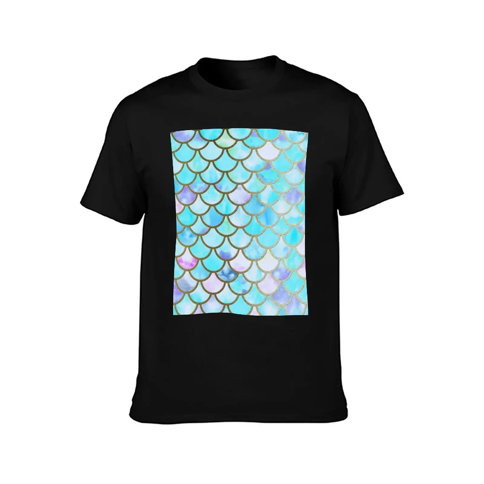 Teal and Blue Watercolor Faux Glitter Mermaid Scales T-Shirt summer tops plain oversized t shirts for men