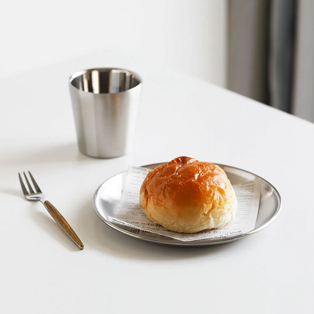 

Stainless Steel Round Tray Cake Plate Dessert Serving Fruit Bowl Snack Pan Food Grade Safe Anti Rust Kitchen Dining Set