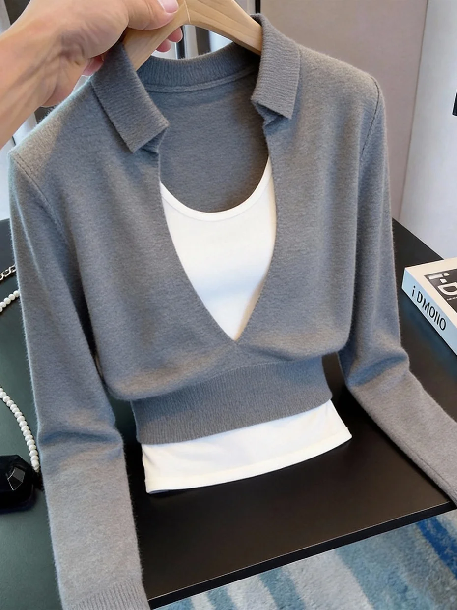 

American Minimalist Style Women's Grey Long Sleeve Inner Wear Spring 2026 New Arrival Elegant Fake Two-Piece Polyester Fiber