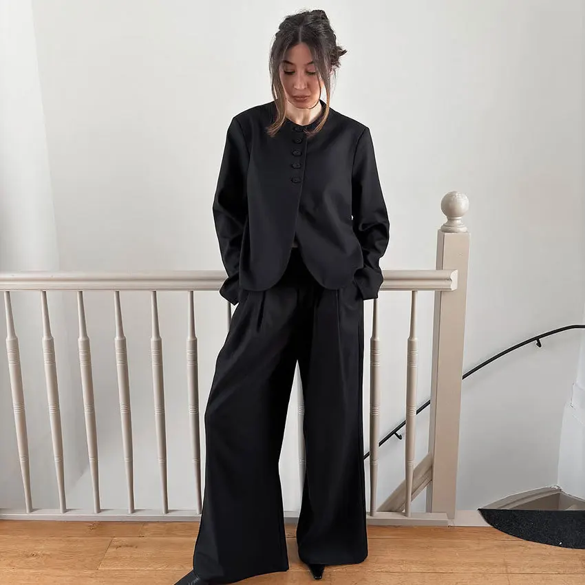 

Стильный осенний женский комплект из двух предметов, однобортный пиджак с круглым вырезом для женщин, черные женские широкие брюки с высокой талией