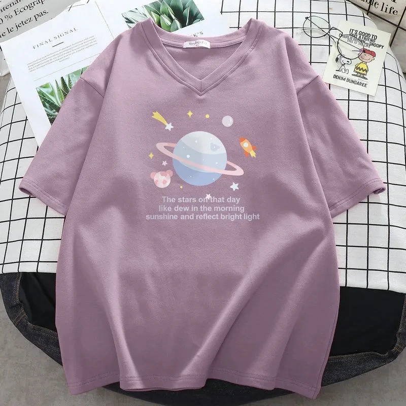 Plus Size 6XL 150kg Korean Sweet printed T-shirt Women V Neck All-match Oversized t shirt fashion cotton tops Leisure Tees