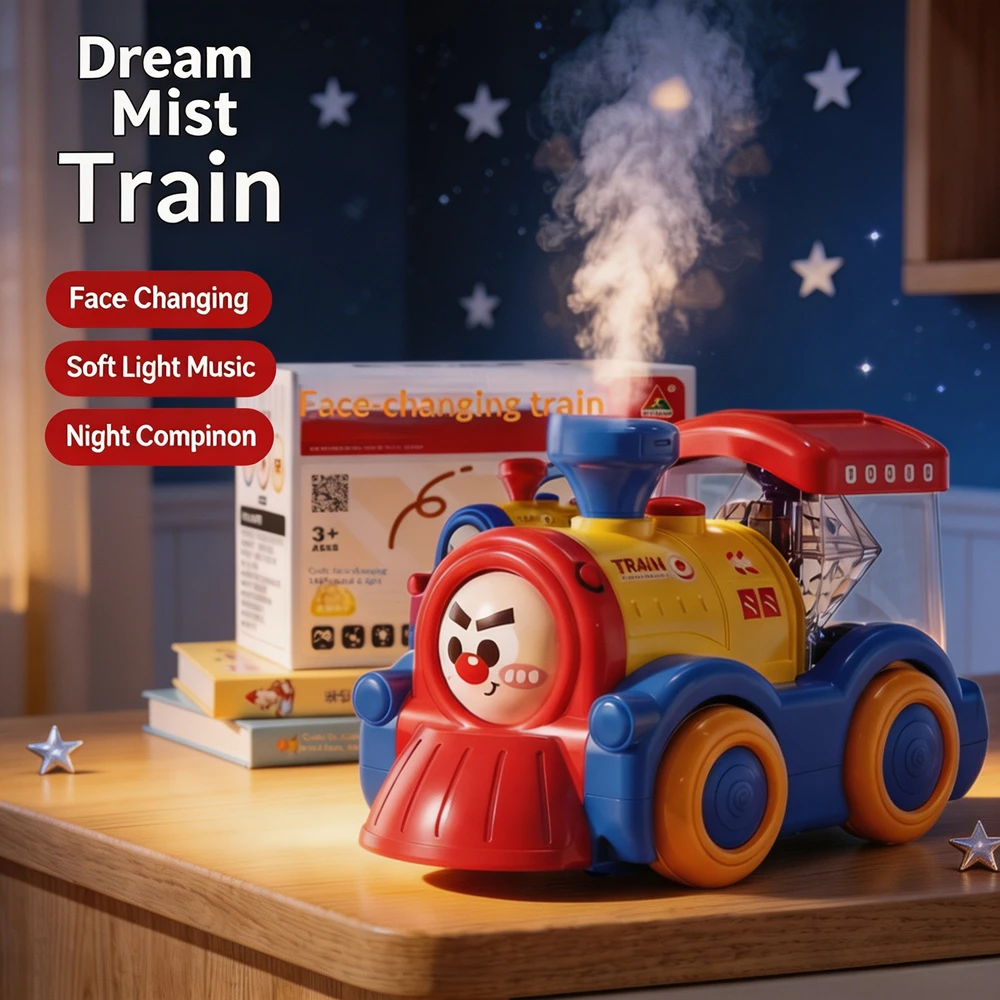 Face Changing Spray Train Toy Electric Mist Light Music Educational Car Birthday Festival Gift for Indoor Play