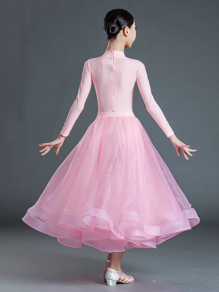 Robe de danse de salon latine pour enfants, jupe fendue à col en V rose, grande jupe, jupe en gaze de danse moderne, vêtements de salon pour filles