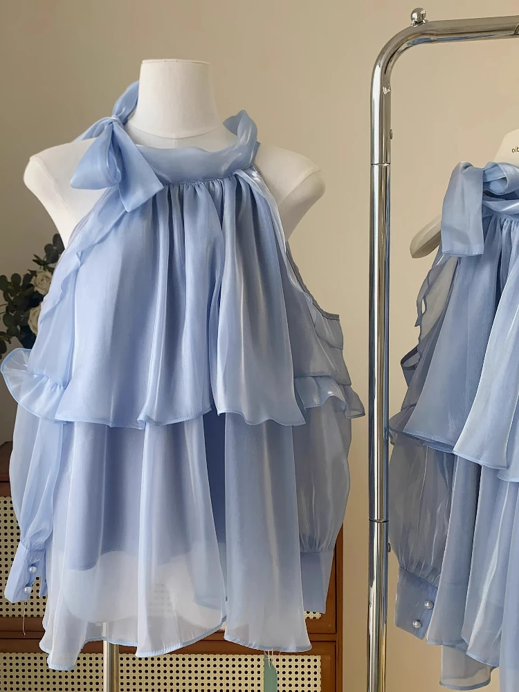 

Blue Lace ter Ne Chiffon irt Women's Summer Design Sense irt Flounce oulder Top Korean Sle Loose Fit Thin Model