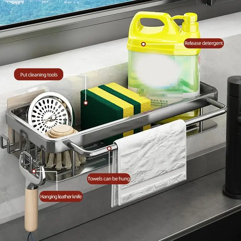 Estante de almacenamiento de cocina, herramienta de fregadero de aluminio, organizador de trapo de esponja, estante de drenaje autoadhesivo montado