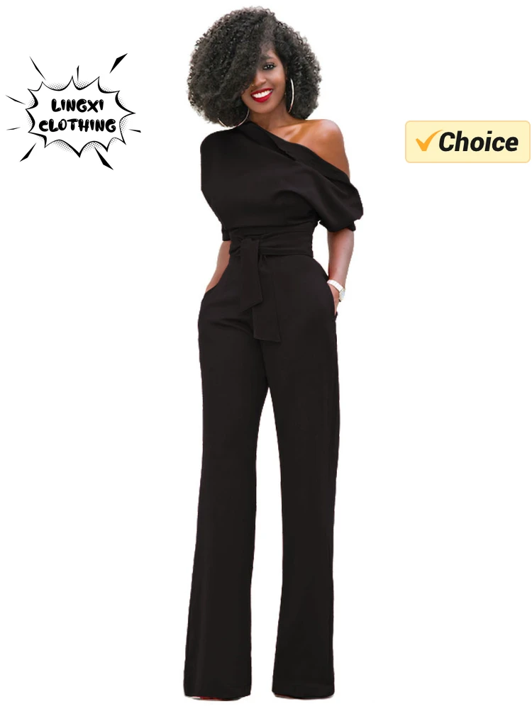 2024 Summer New Fashion Women's Jumpsuit Solid Color Slanted Shoulder Elegant Temperament Sleeveless Long Wide Leg Jumpsuit