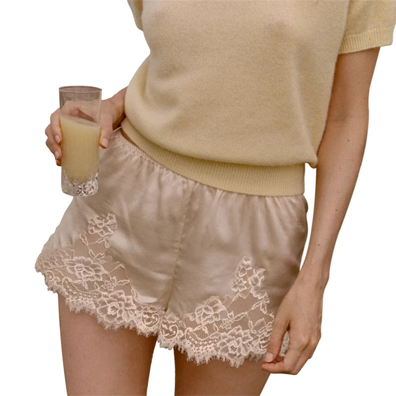 Y2K ヴィンテージ サテン レース ショーツ 女性用 快適な伸縮性ウエスト コケット マイクロミニ シルク ショーツ 外出用 スリップ ボトムス ラウンジウェア
