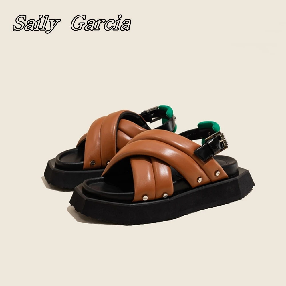 Genuine Leather Cross Belt Buckle Strap Flat Sandals Summer New Style Fashion Women Shoes Mixed Color Platform Hollow Shoes