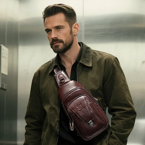 Imagen 2 del producto BULLCAPTAIN, mochila de pecho de cuero genuino, bolso de pecho, bolso de mensajero de moda para hombre, bolsas multifuncionales para tarjetas, bolsos para teléfono móvil