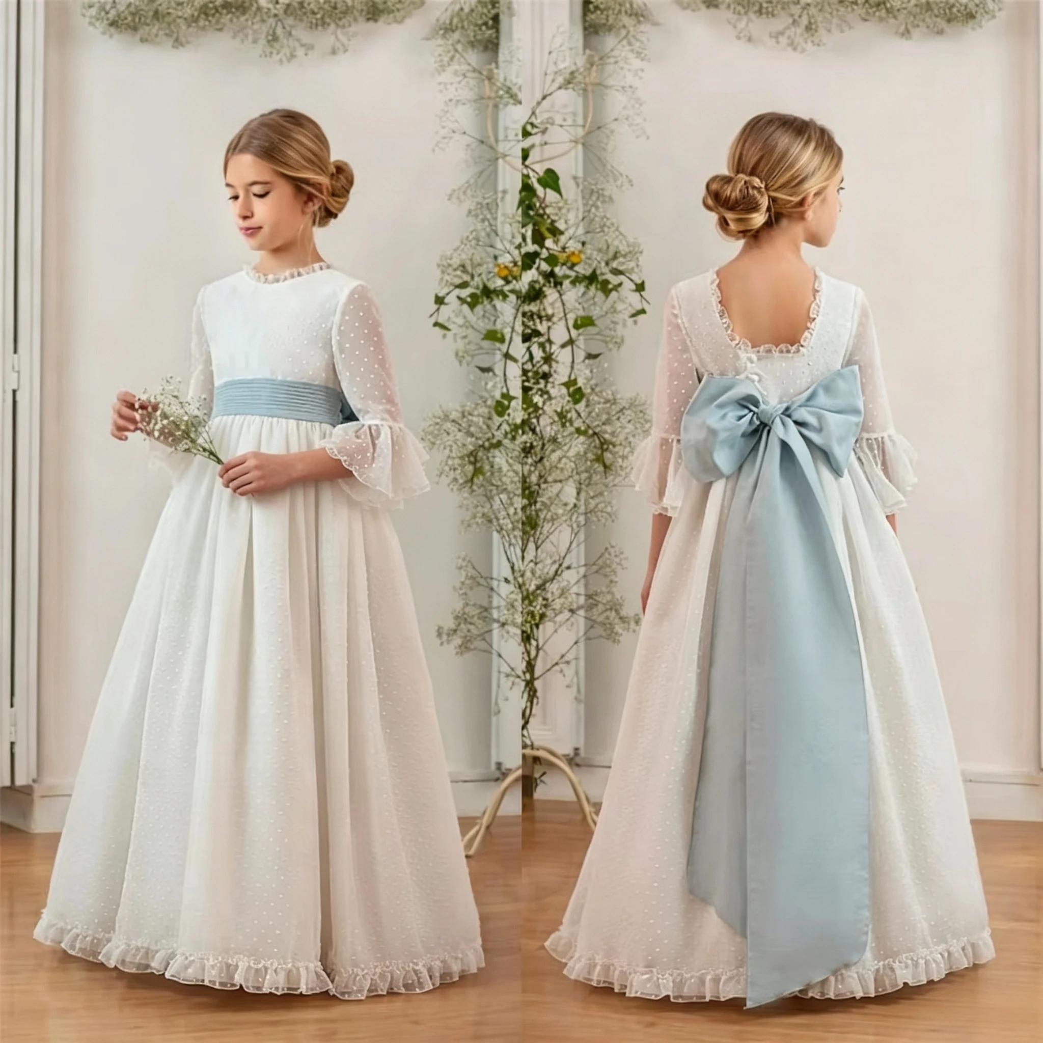 Quality Elegant Baptism First Communion Gowns Flower Girl Dress Fluffy With Bow Little Princess Kids Birthday Party Evening Gown