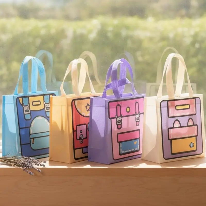 5 Stück niedliche Cartoon-Tragetasche aus Vliesstoff, Dopamin-Farben, wiederverwendbar, Kinder-Geschenkhandtasche, Party-, Urlaubs- und Bastelverpackung, Ersatzteile – Detail 3