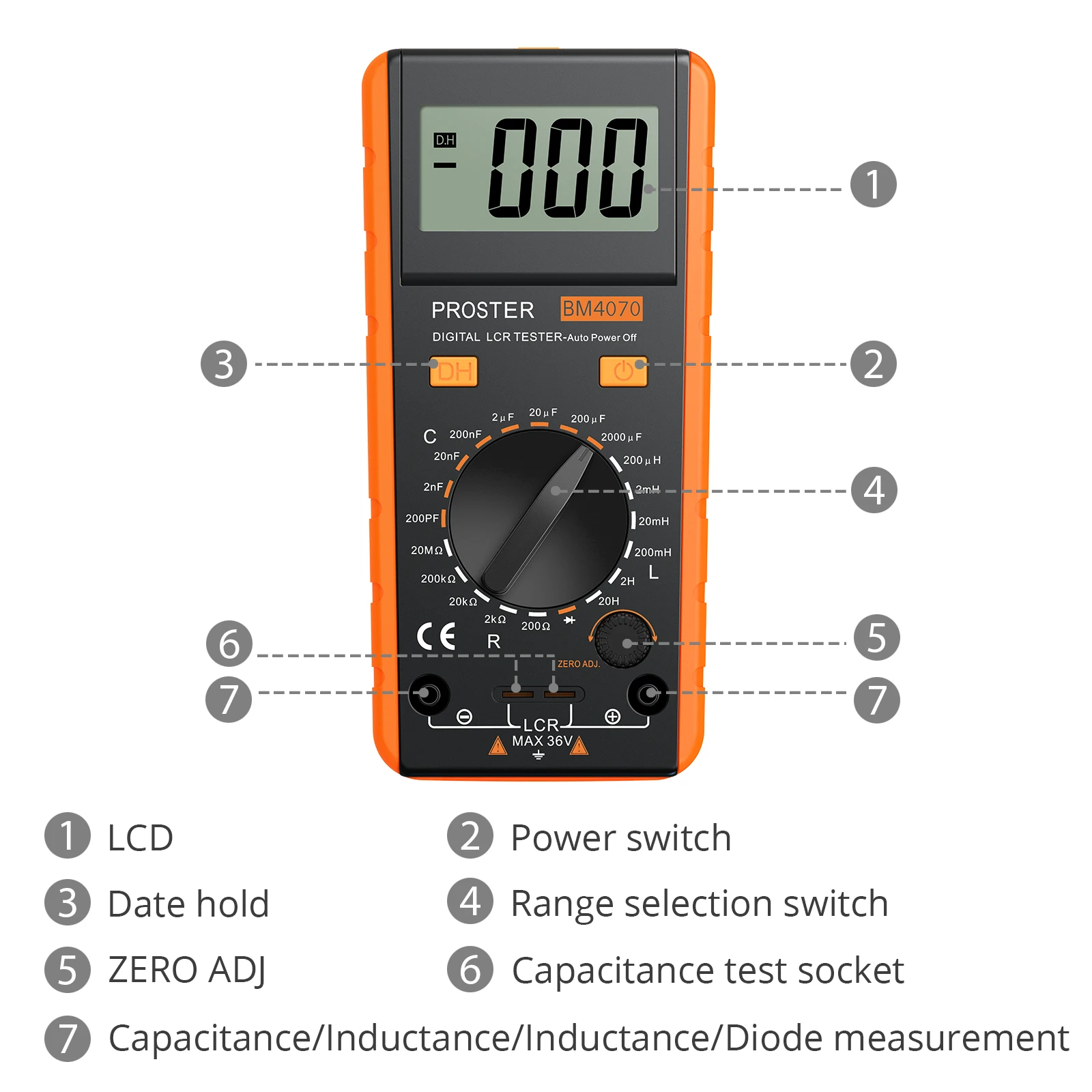 Proster-Digital Multímetro Tester Tool Kit, LCR Medidor, LCD Display Measuring, Ferramenta de Indutância, Resistência à Capacitância, BM4070