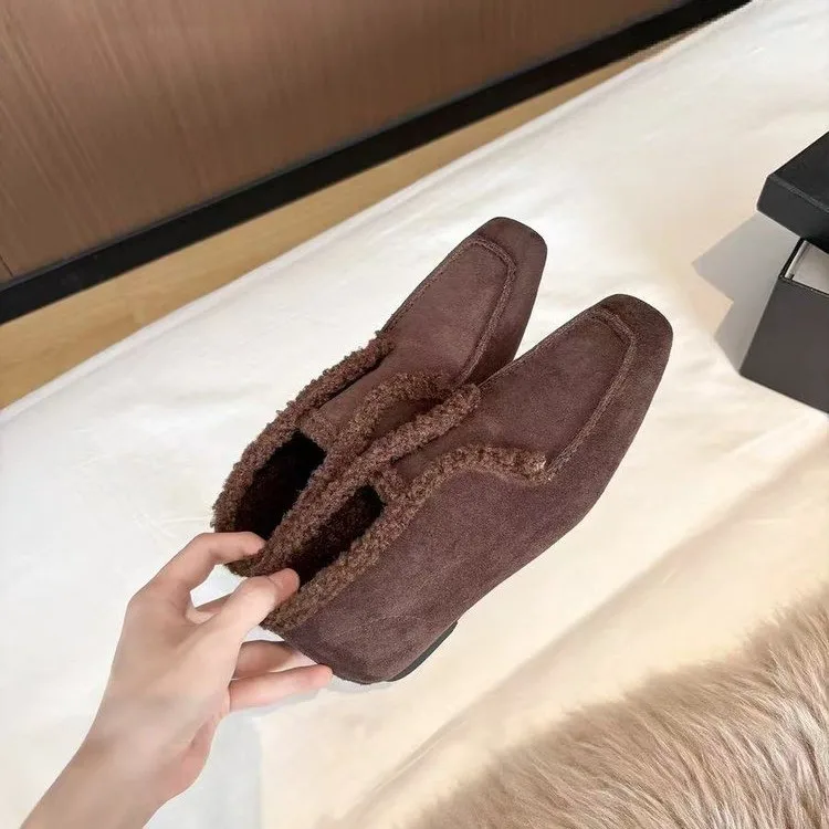 2026 Nuevos zapatos de lana de cordero para mujer, mocasines planos de corte bajo con forro polar, mocasines cálidos, zapatos sin cordones