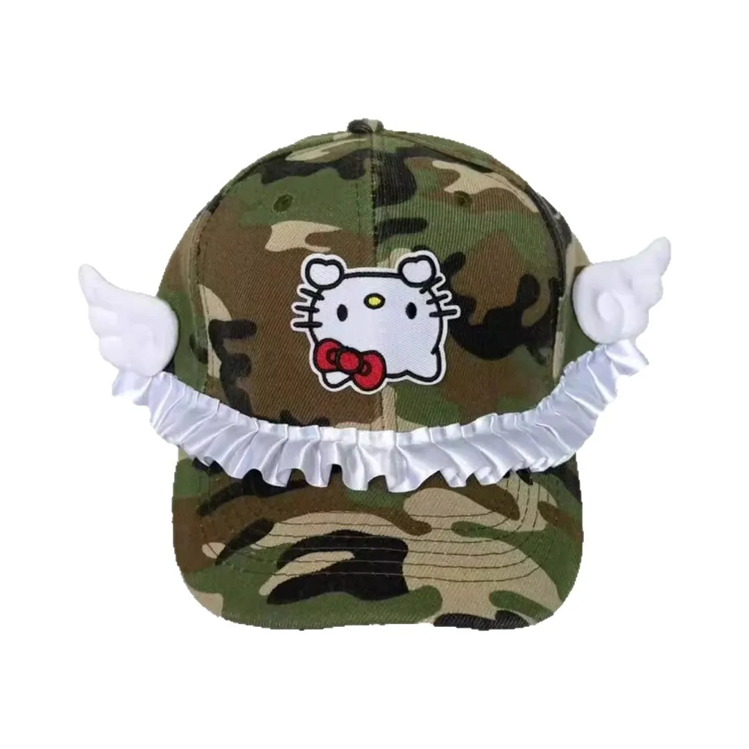 قبعة بيسبول Miniso لطيفة KT على شكل جناح من الدانتيل للصيف بحافة مسطحة كاجوال متعددة الاستخدامات تظهر وجهًا قبعة صغيرة للحماية من الشمس