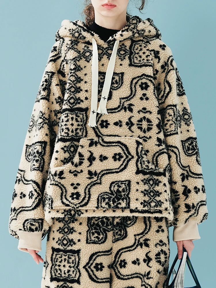 IMAKOKONI Original Design Long Sleeve Hoodie with Printed Warmth Winter Plush Pocket Top Coat 244890